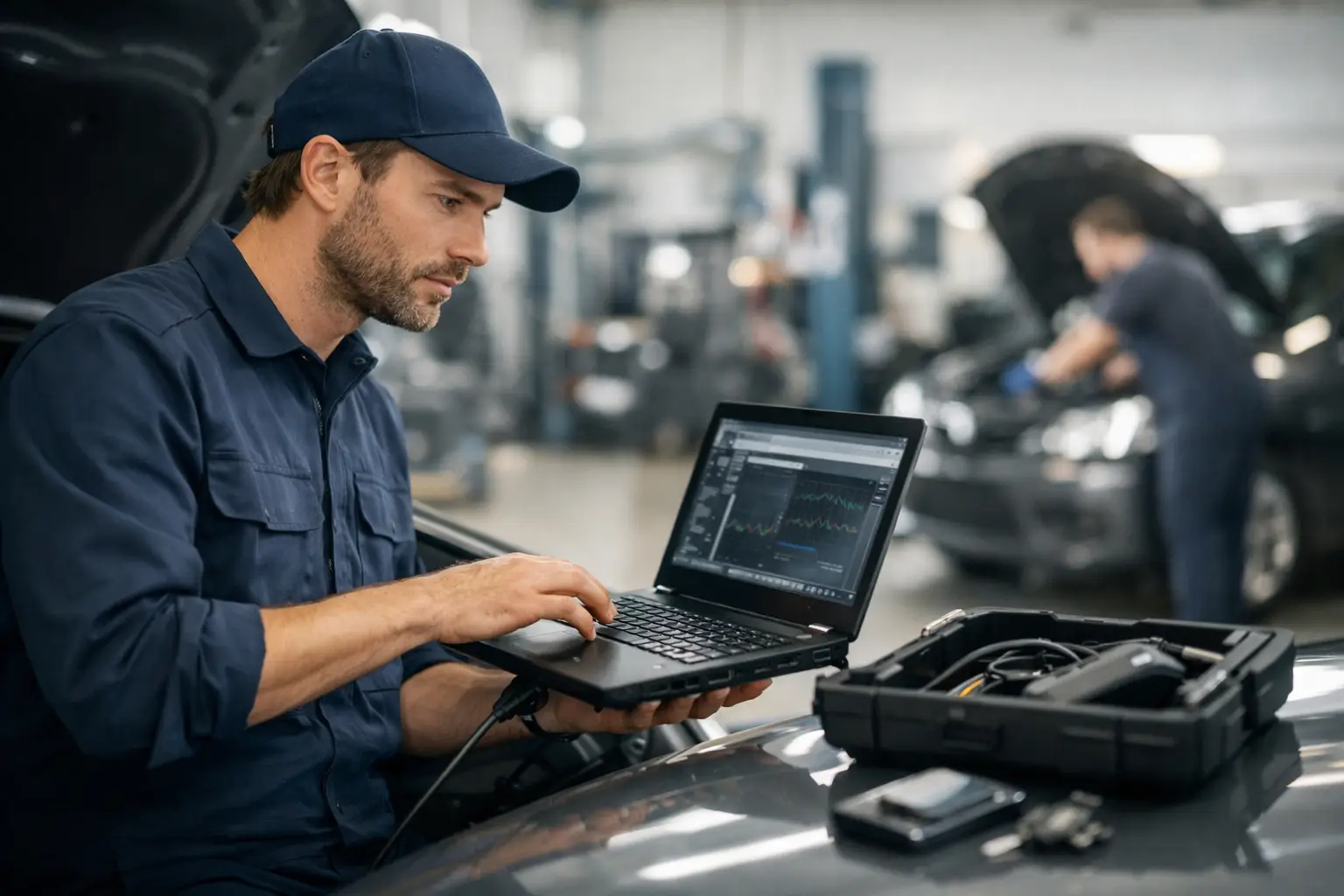 Freelance diagnosetechnicus leest met een laptop een storing uit op een auto in de werkplaats