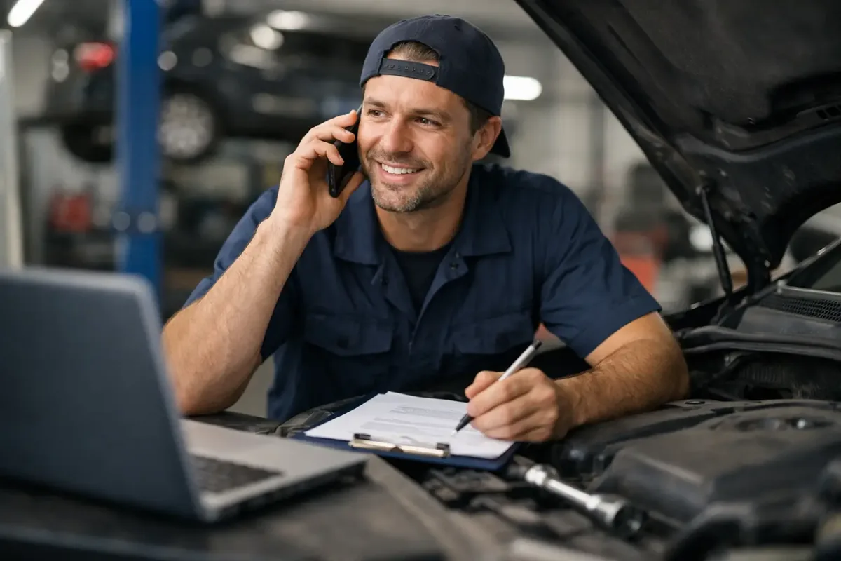 Freelance automonteur aan de telefoon met een laptop en checklist bij een auto in de werkplaats