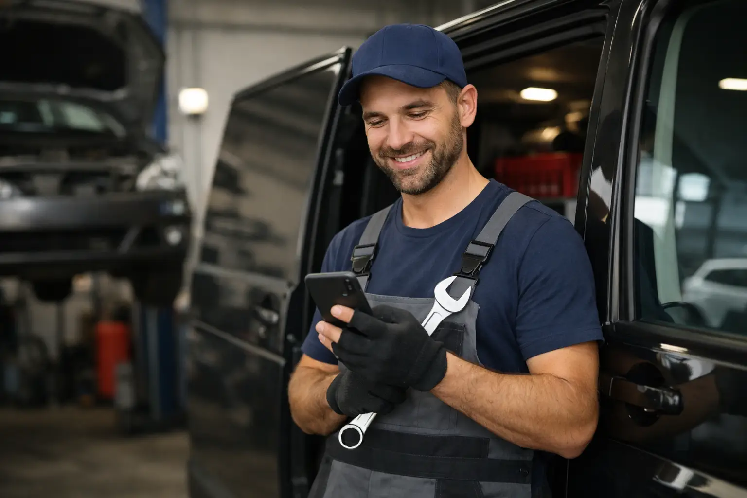 Freelance automonteur kijkt op zijn telefoon naast een bestelbus in de werkplaats