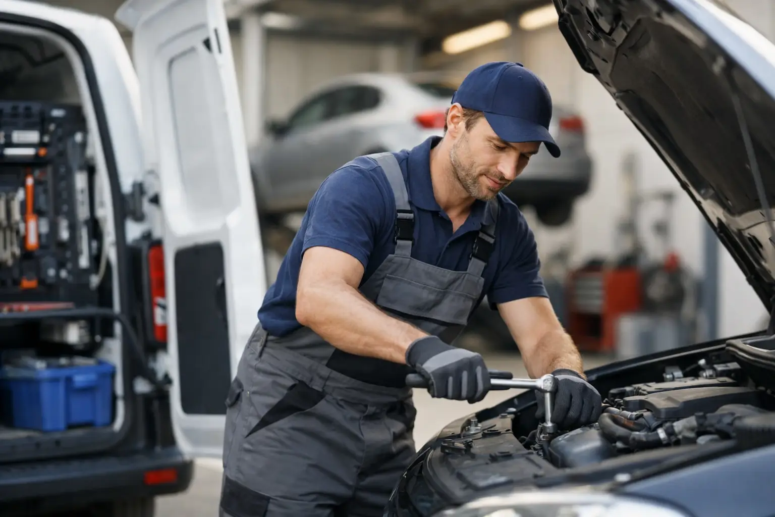 Monteur werkt op locatie onder de motorkap bij een garage, met servicebus en gereedschap