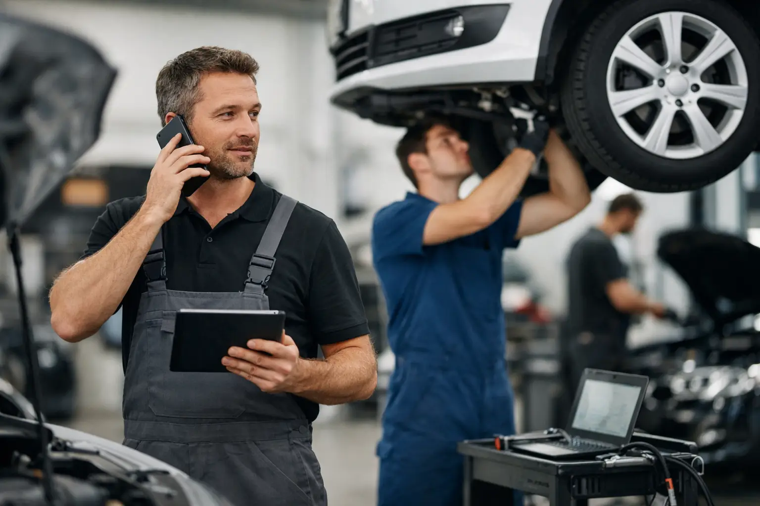 Werkplaatsmanager met tablet terwijl monteurs op de achtergrond aan auto's werken in een drukke garage