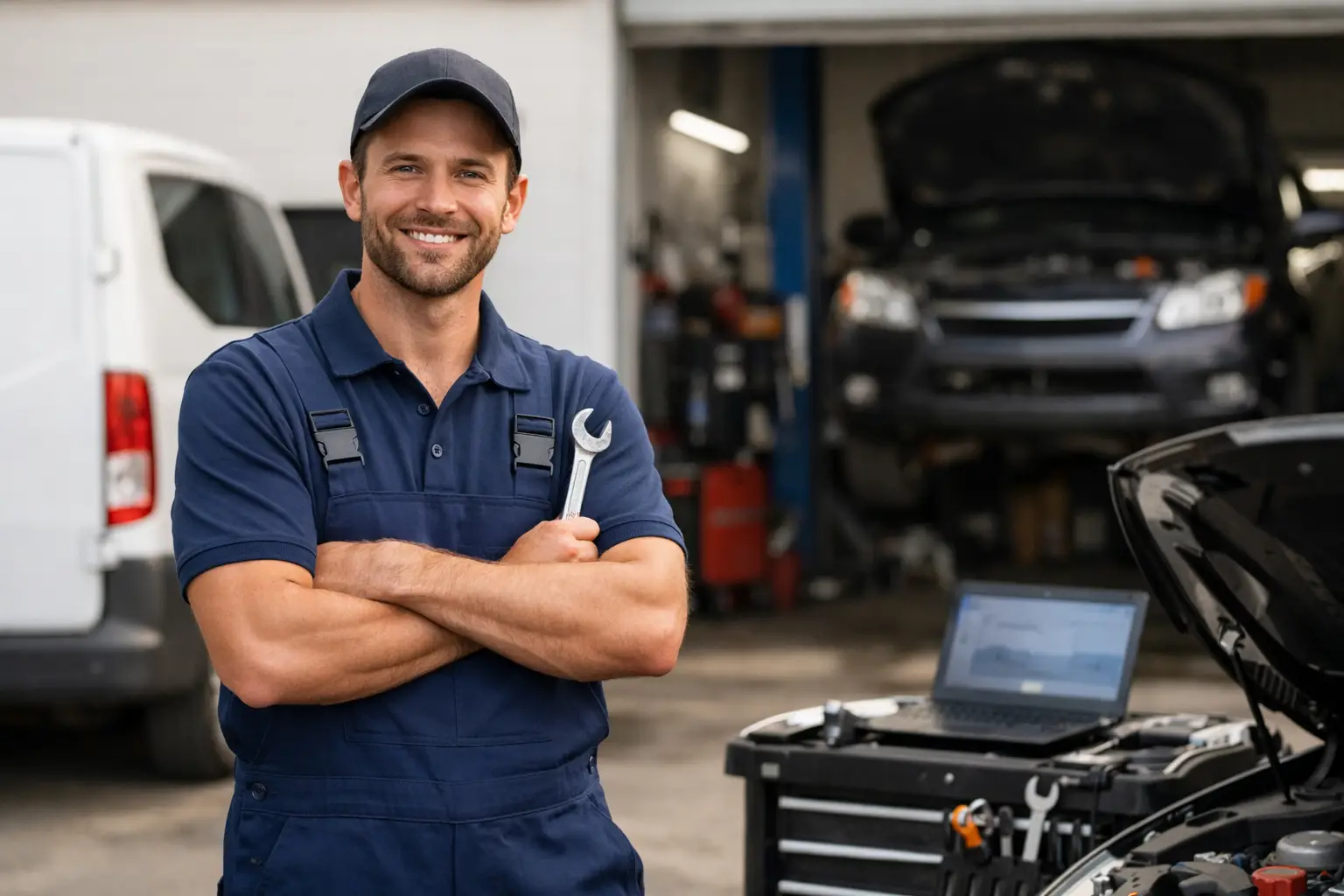 Zelfstandige automonteur met gereedschap voor zijn werkplaats en bestelbus